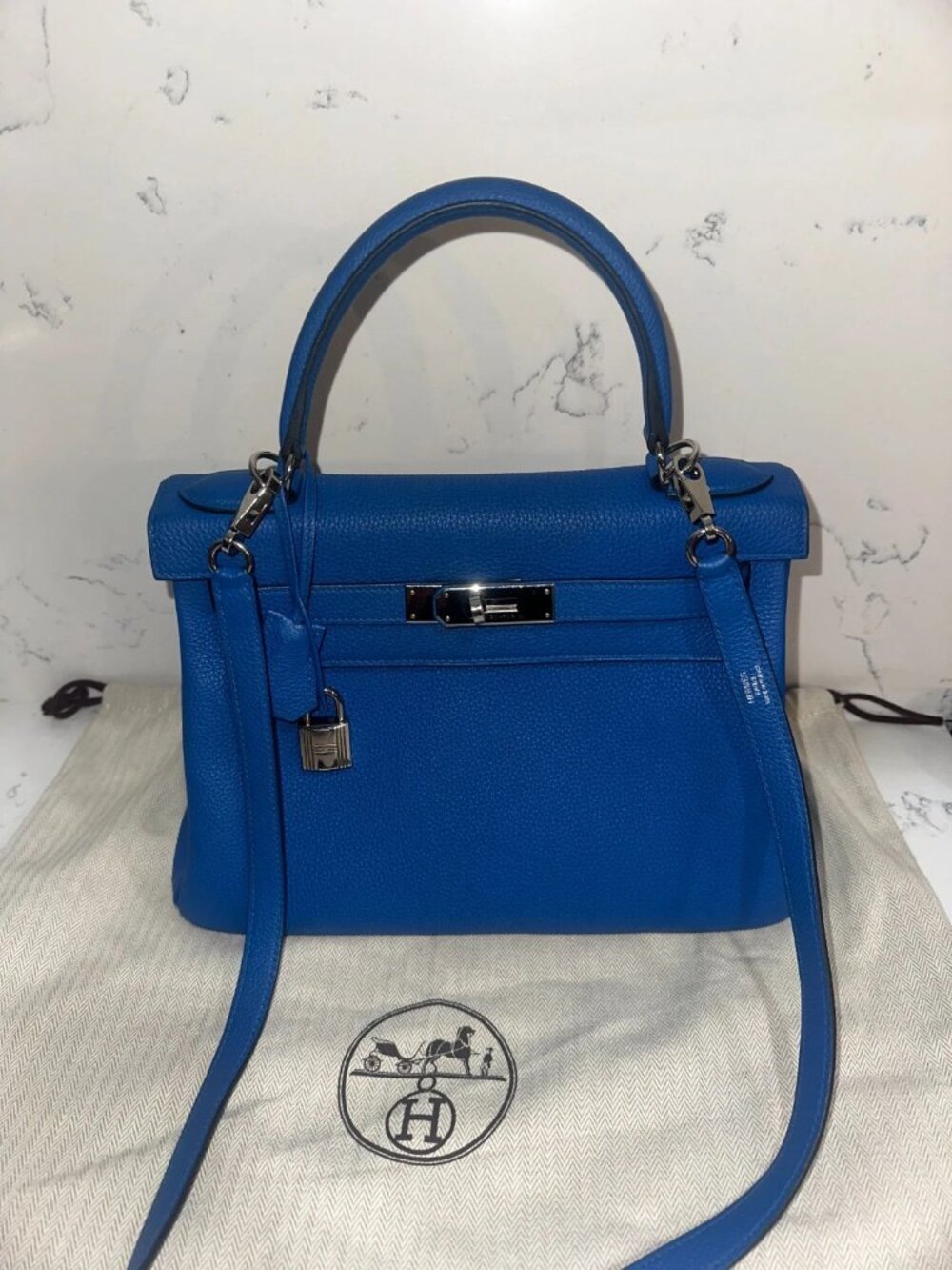Hermes Kelly 28 Retourne Togo Calfskin Blue Zellige